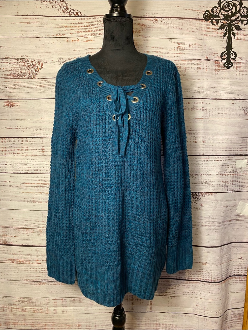 No Boundaries Teal Lace-Up Waffle Knit Sweater Sz-XXL
